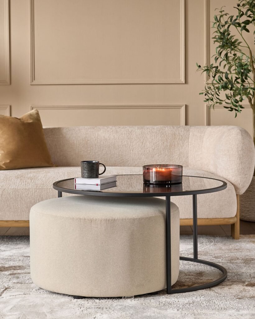 Thea smoked mirror coffee table and cream plush fabric pouffe set – Dusk Scotland Front