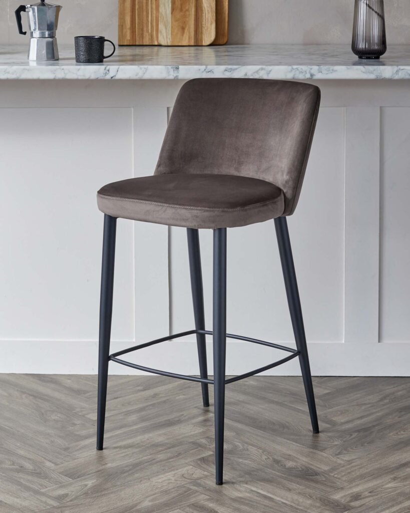 Trinny Black Metal Bar Stool in Mocha Plush Velvet – Dusk England Front