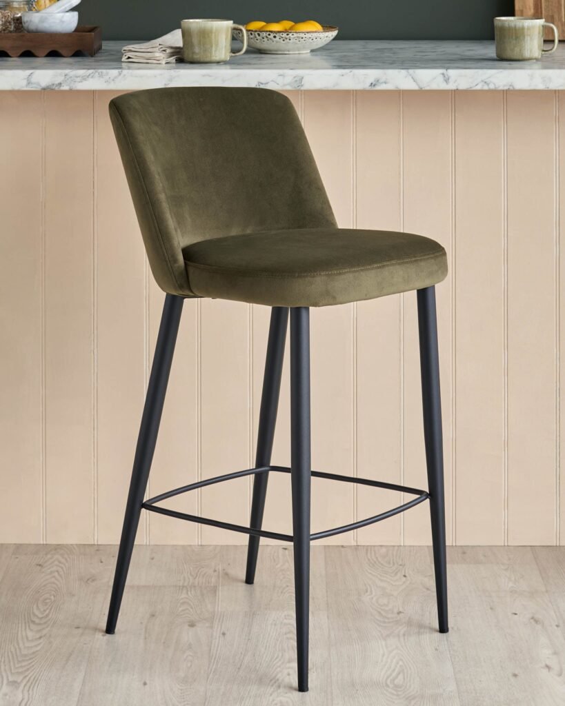 Trinny olive green velvet bar stool – Dusk Scotland Front