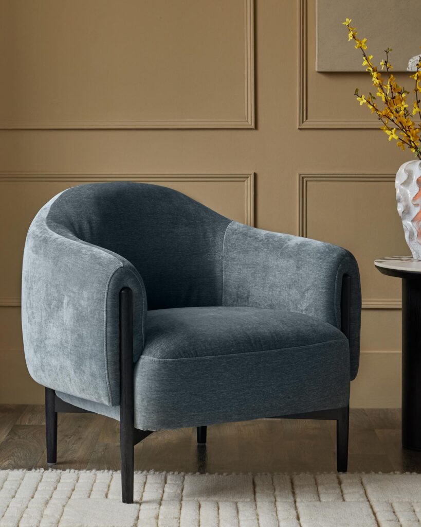 Tristan blue grey fabric Dusk Scotland accent chair with black wood Front