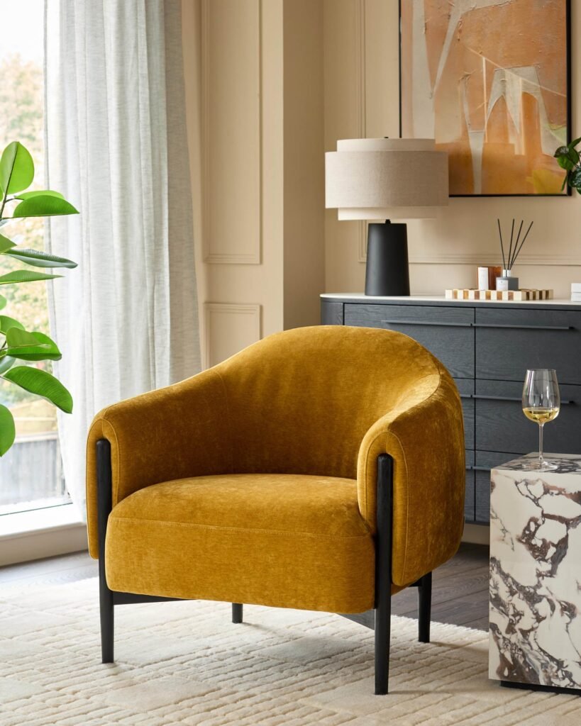 Tristan ochre yellow fabric accent chair with black wood – Dusk England Front