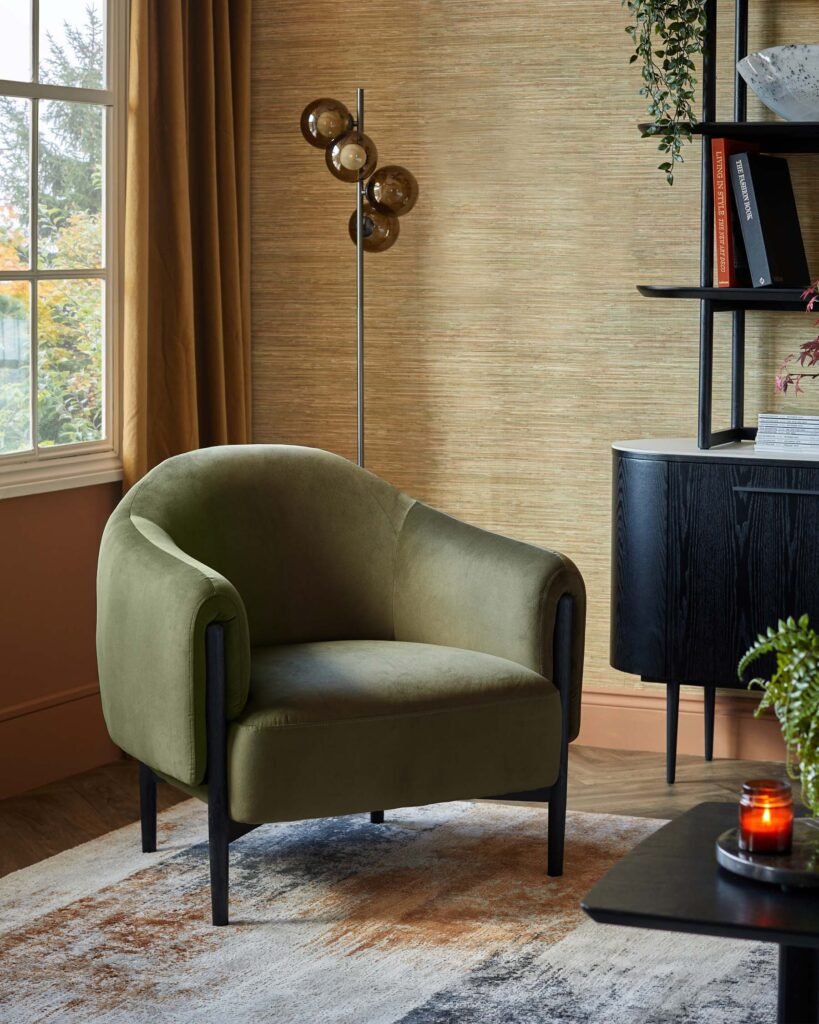 Tristan Olive Green Velvet Dusk Accent Chair with Black Wood Front