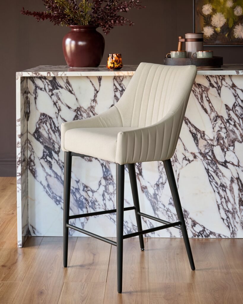 Dusk Scotland Whitney cream fabric and light grey faux leather bar stool Front