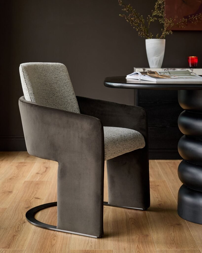 Dusk Wren grey fabric and dark chocolate velvet black steel cantilever dining chair Front