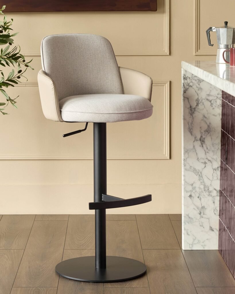 Wren natural fabric and natural faux leather gas lift bar stool – Dusk Scotland Front