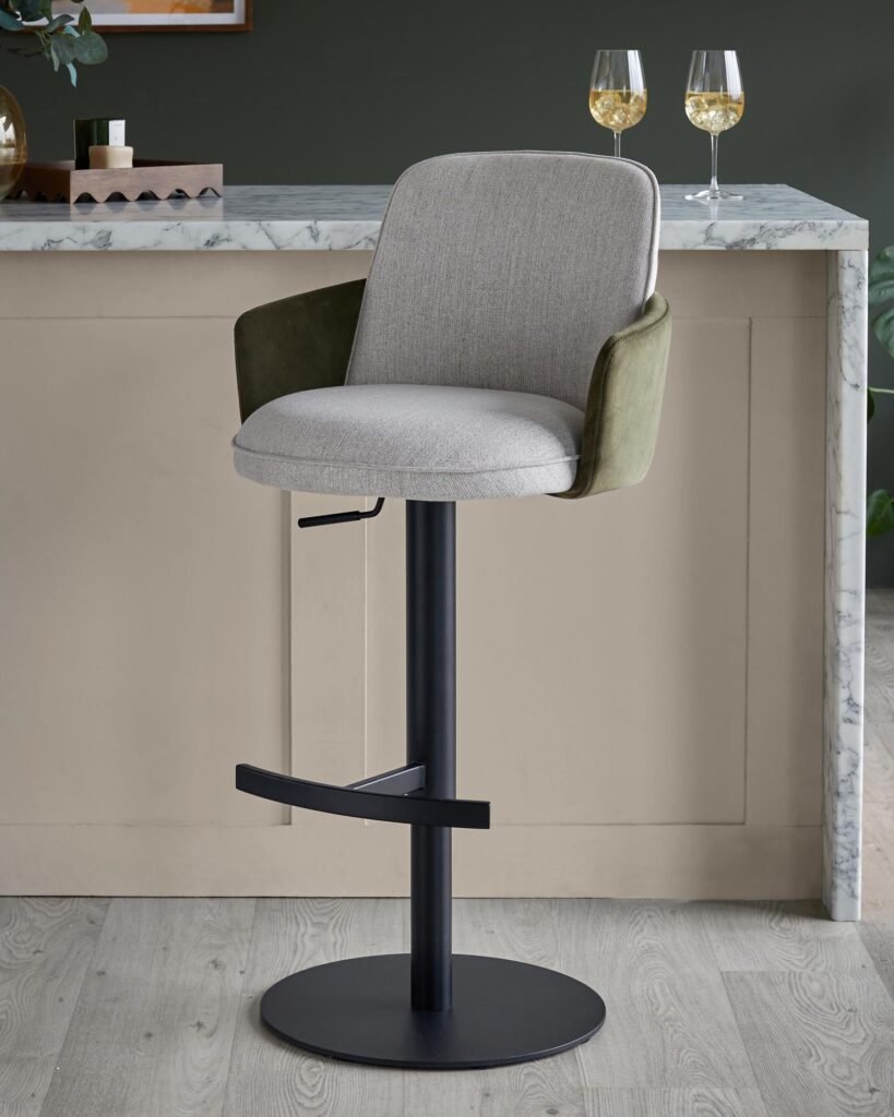 Wren natural fabric and olive green velvet gas lift bar stool – Dusk England Front