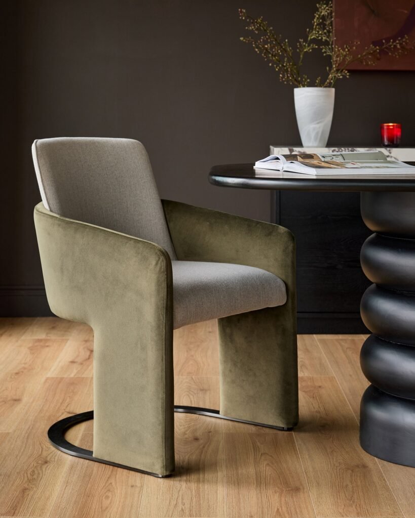 Wren natural fabric and olive green Dusk England velvet black steel cantilever dining chair Front