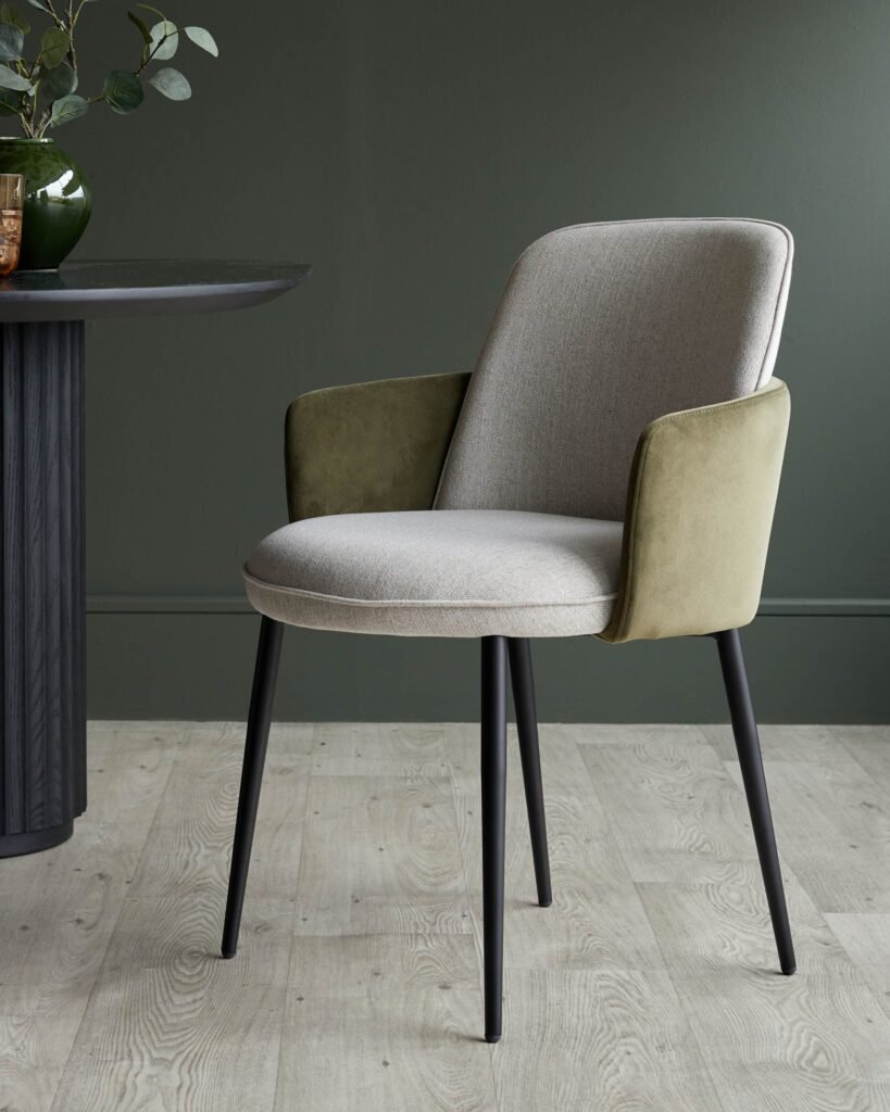 Wren natural fabric and olive green velvet dining chair - set of 2 – Dusk Scotland Front