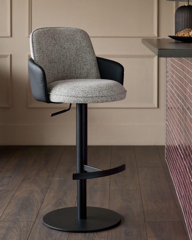 Wren grey fabric and black faux leather gas lift bar stool – Dusk Scotland Front