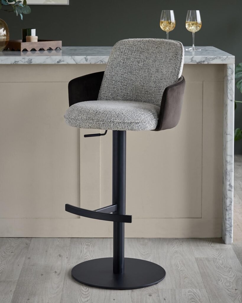 Dusk Scotland Wren grey fabric and dark chocolate velvet gas lift bar stool Front