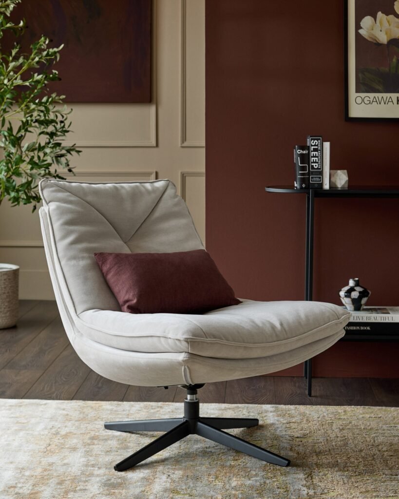 Zia natural grey chenille swivel occasional chair – Dusk England Front