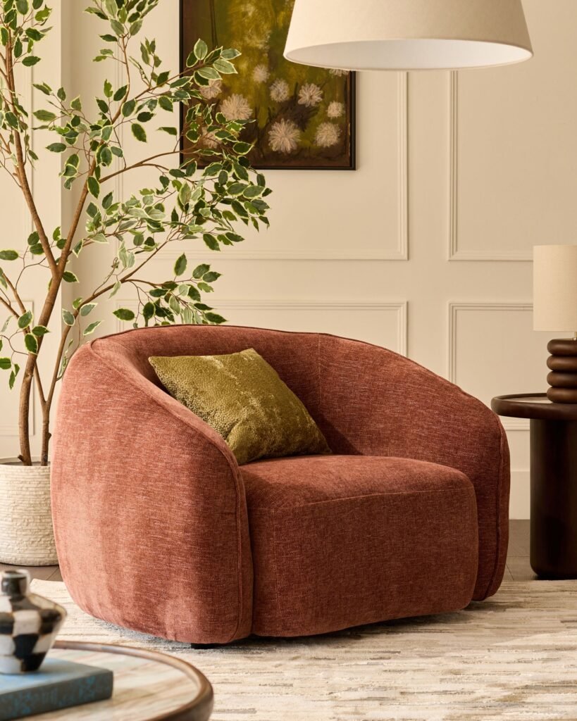 Zoey apricot Dusk Scotland chenille armchair Front