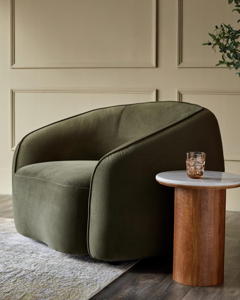 Zoey olive green velvet armchair – Dusk Front