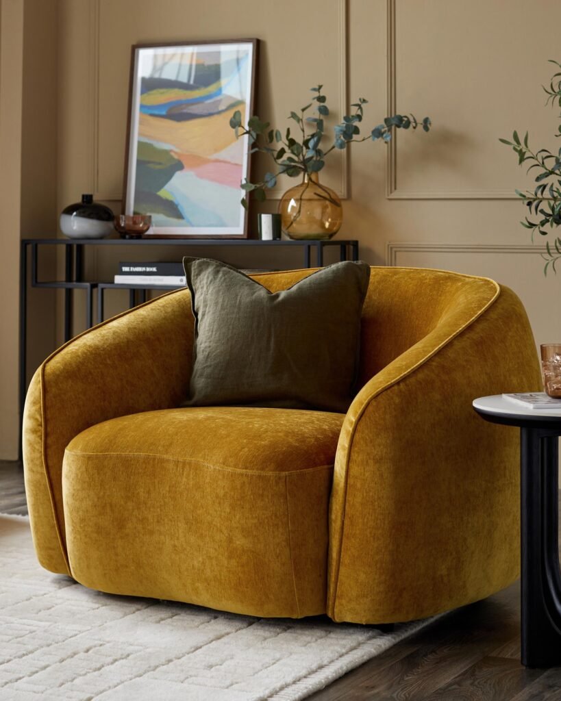Zoey ochre fabric armchair – Dusk Front