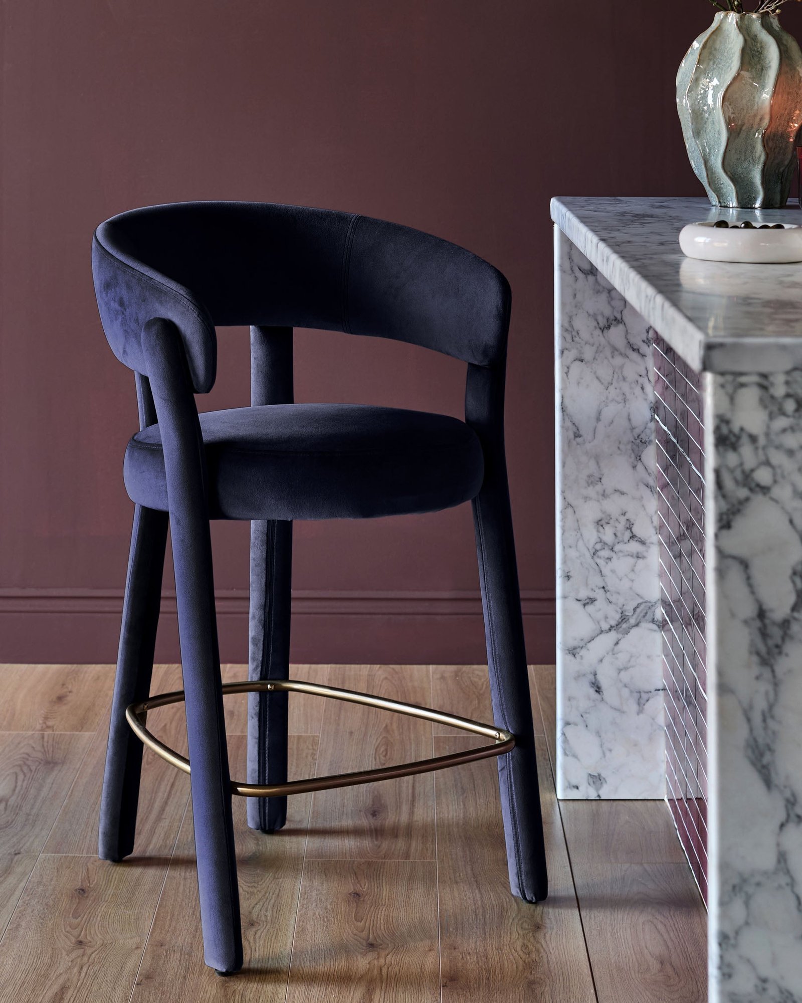 Anya dark navy velvet Dusk brushed bronze bar stool Front
