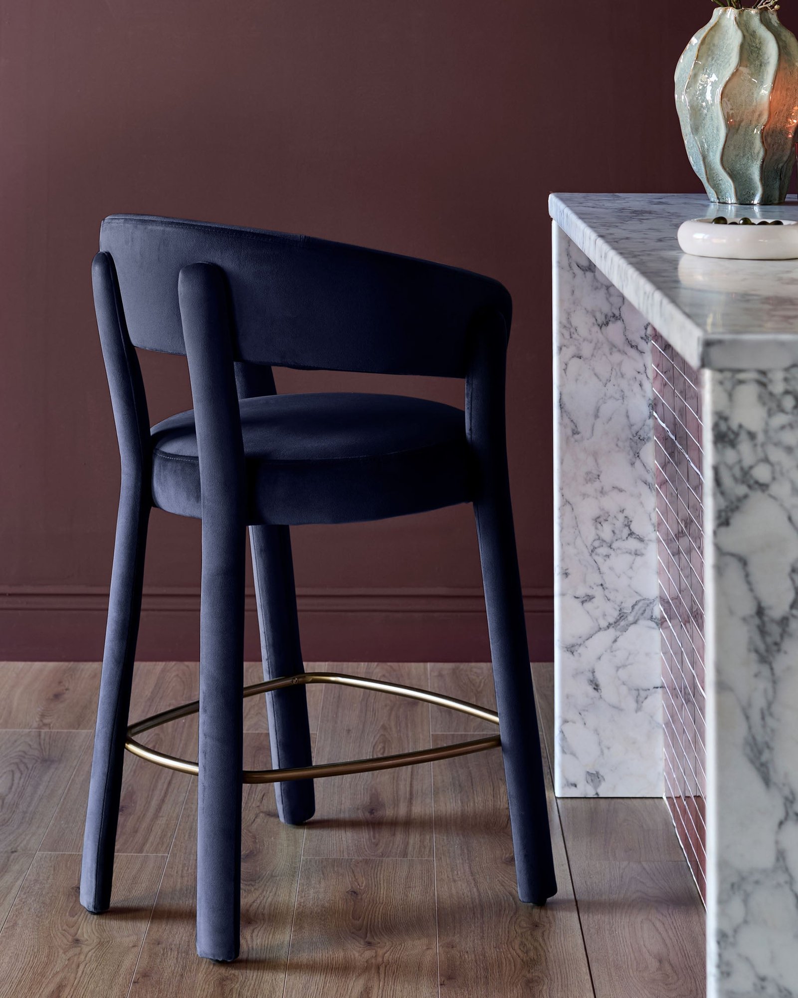 Anya dark navy velvet Dusk brushed bronze bar stool Side
