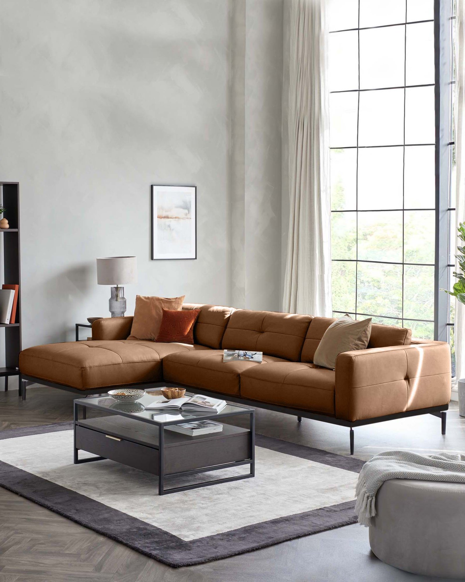 Colton tan leather left Dusk England hand corner chaise sofa Back