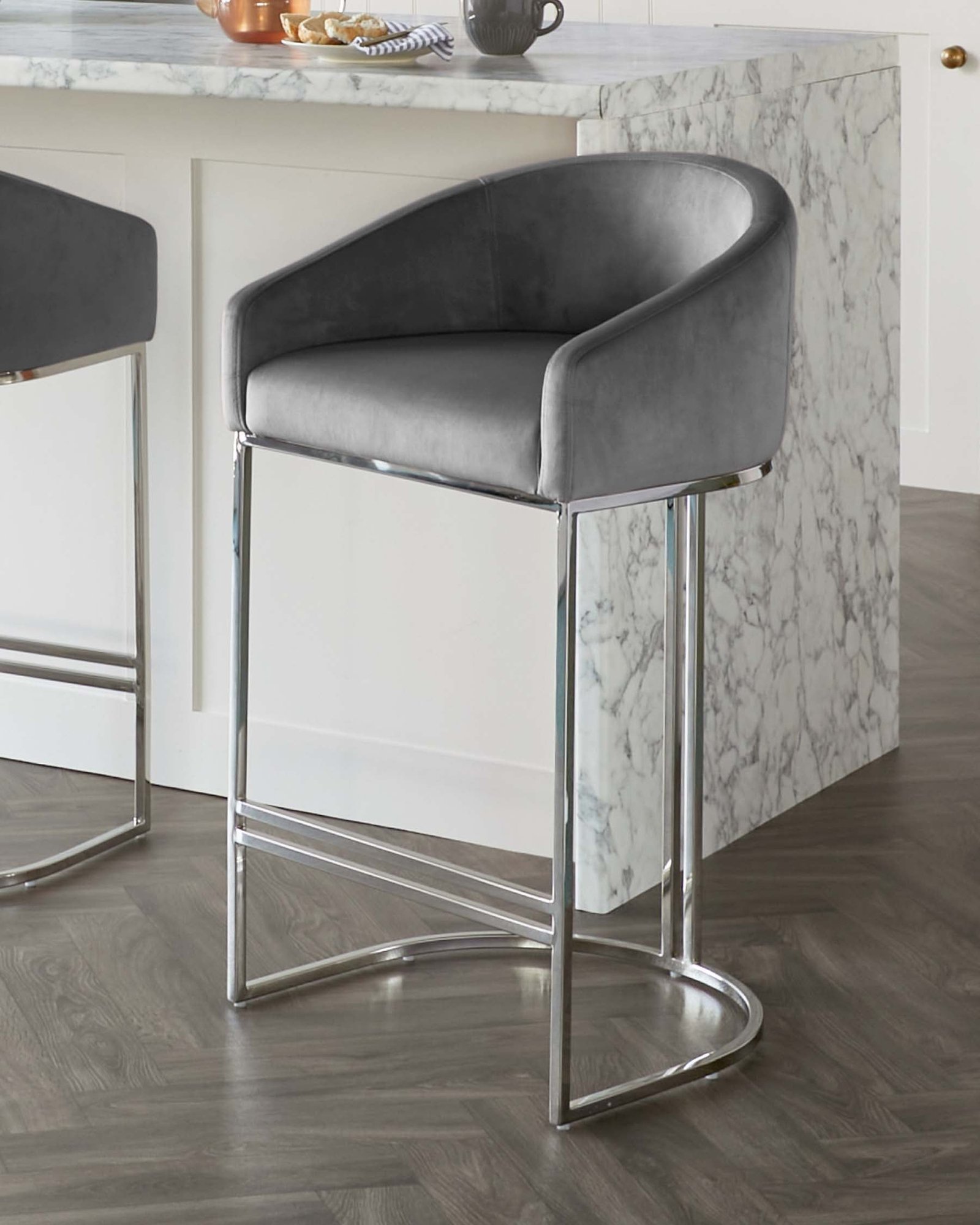 Dakota Dark Grey Velvet and Stainless Steel Bar Stool – Dusk Front