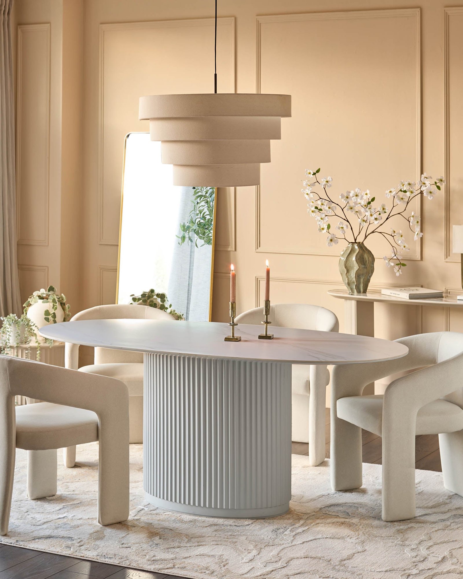 Dusk Austin White Marbled Ceramic Fluted 6 Seater Dining Table Back