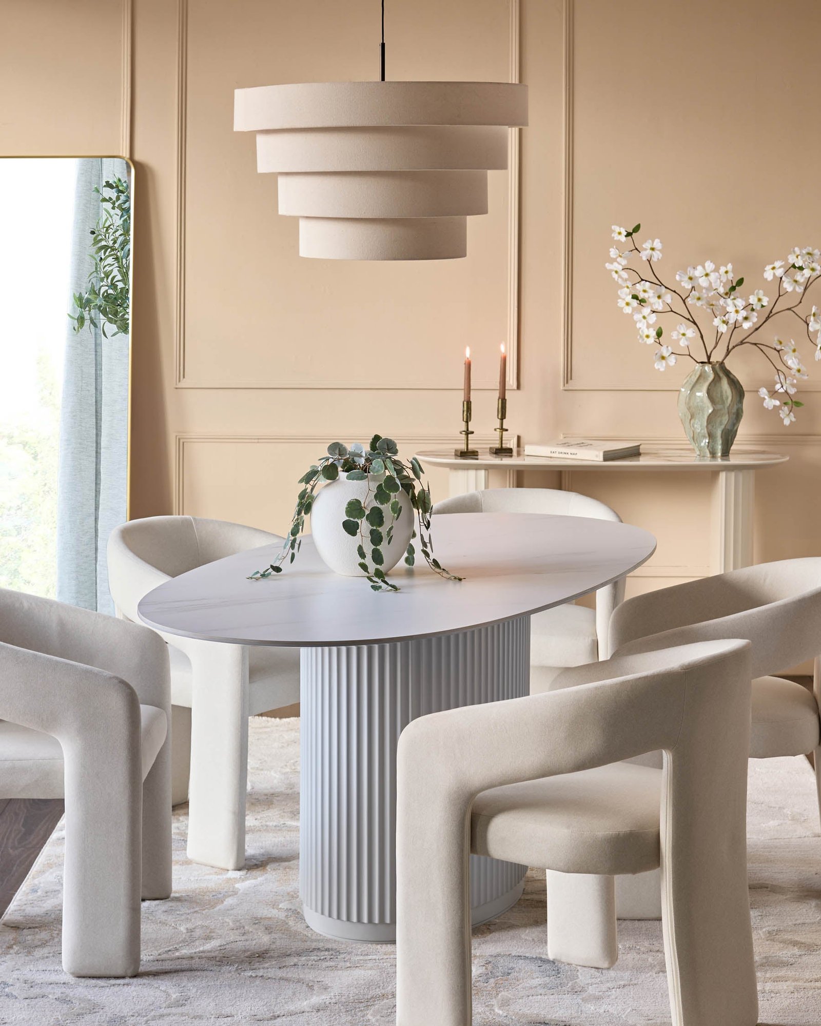Dusk Austin White Marbled Ceramic Fluted 6 Seater Dining Table Side