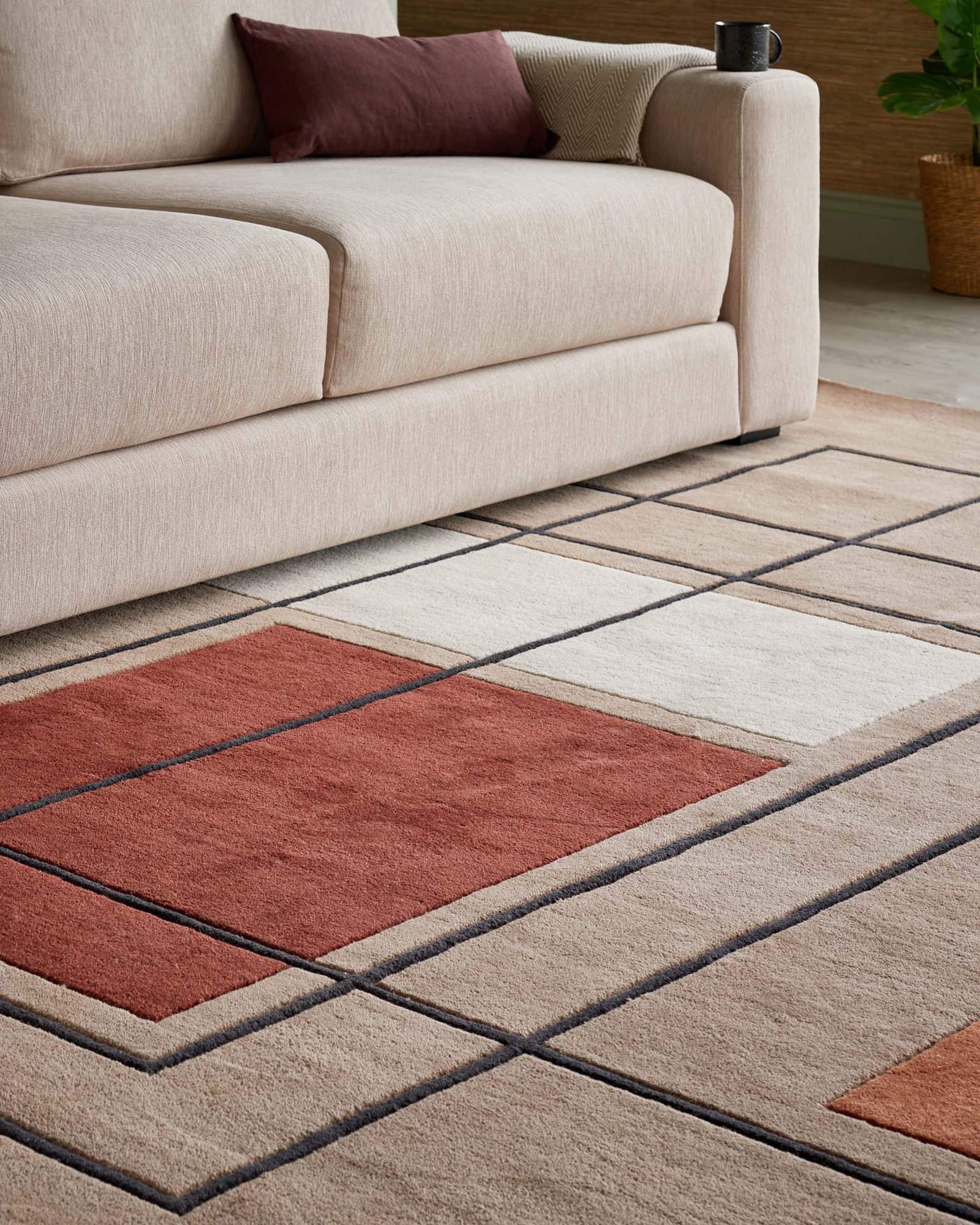 Dusk England Abstract Squares deep red wool medium rug Back