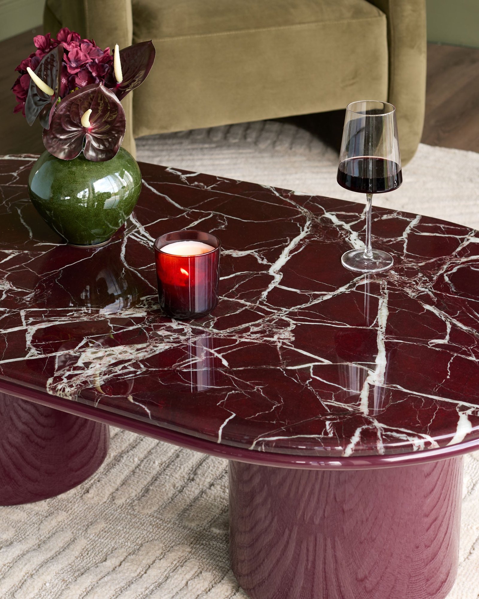Dusk England Carlotta red calacatta with plum gloss coffee table Side