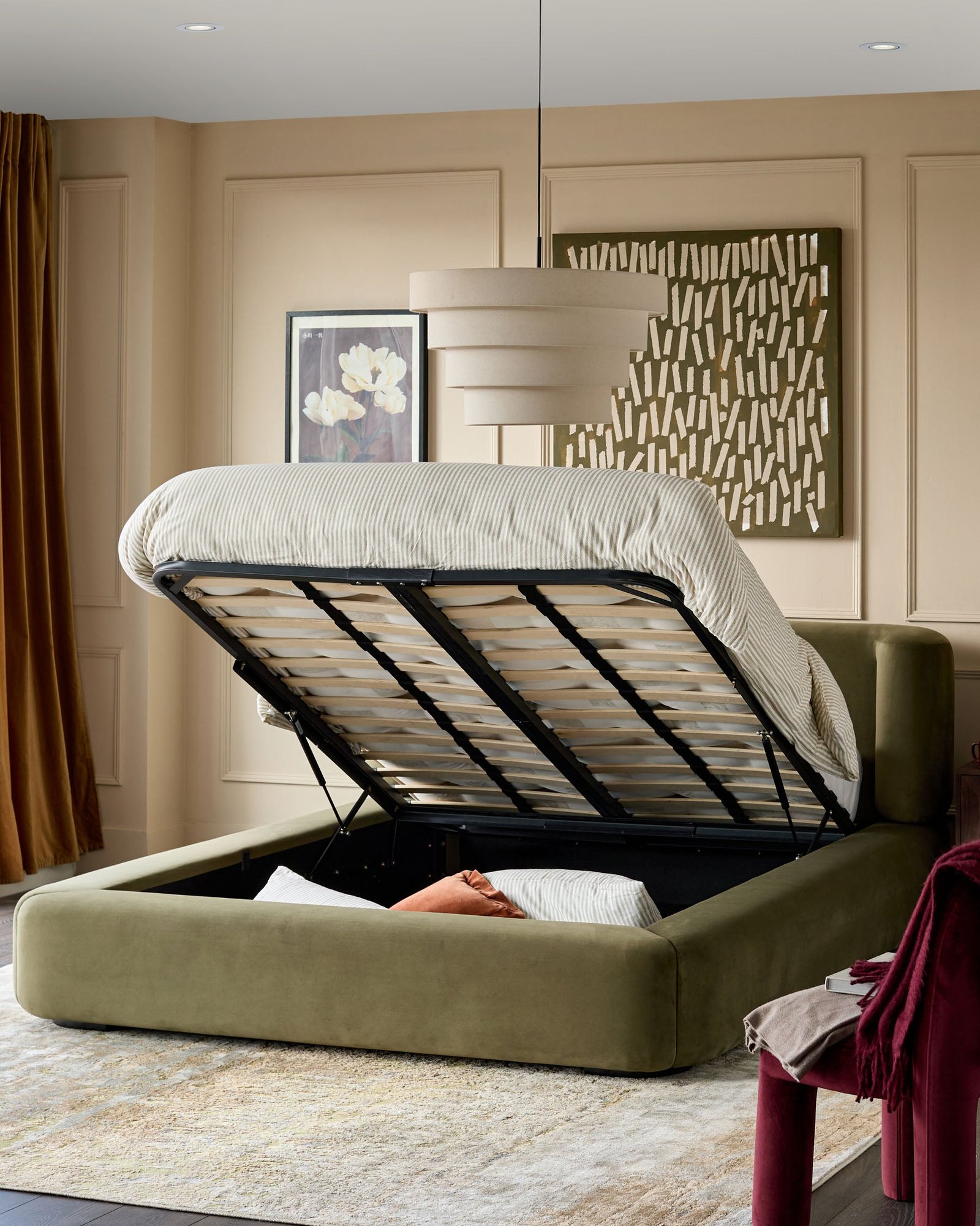 Dusk England Darla olive green velvet super king ottoman storage bed Side