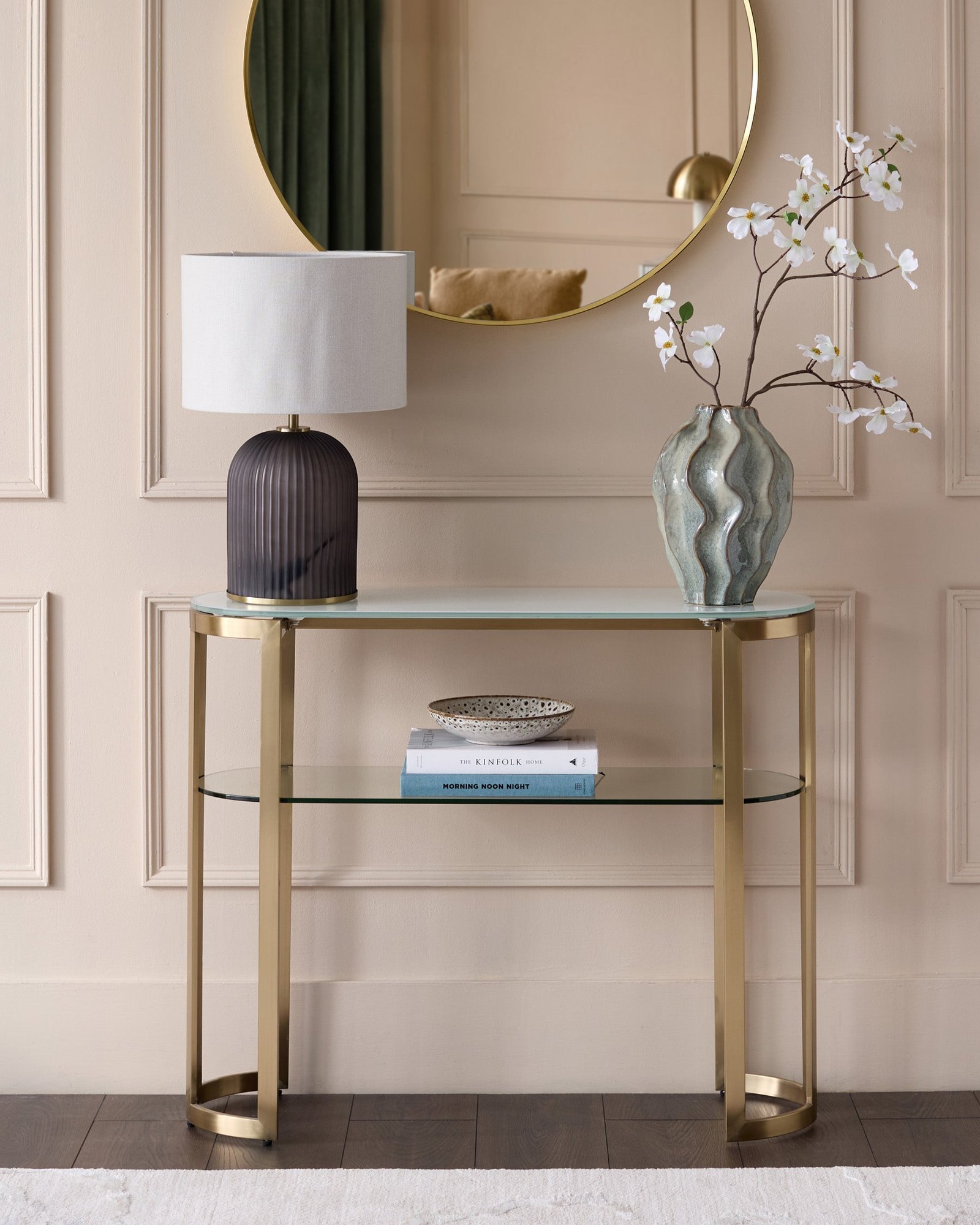 Dusk Isla White Glass And Brass Console Table Back
