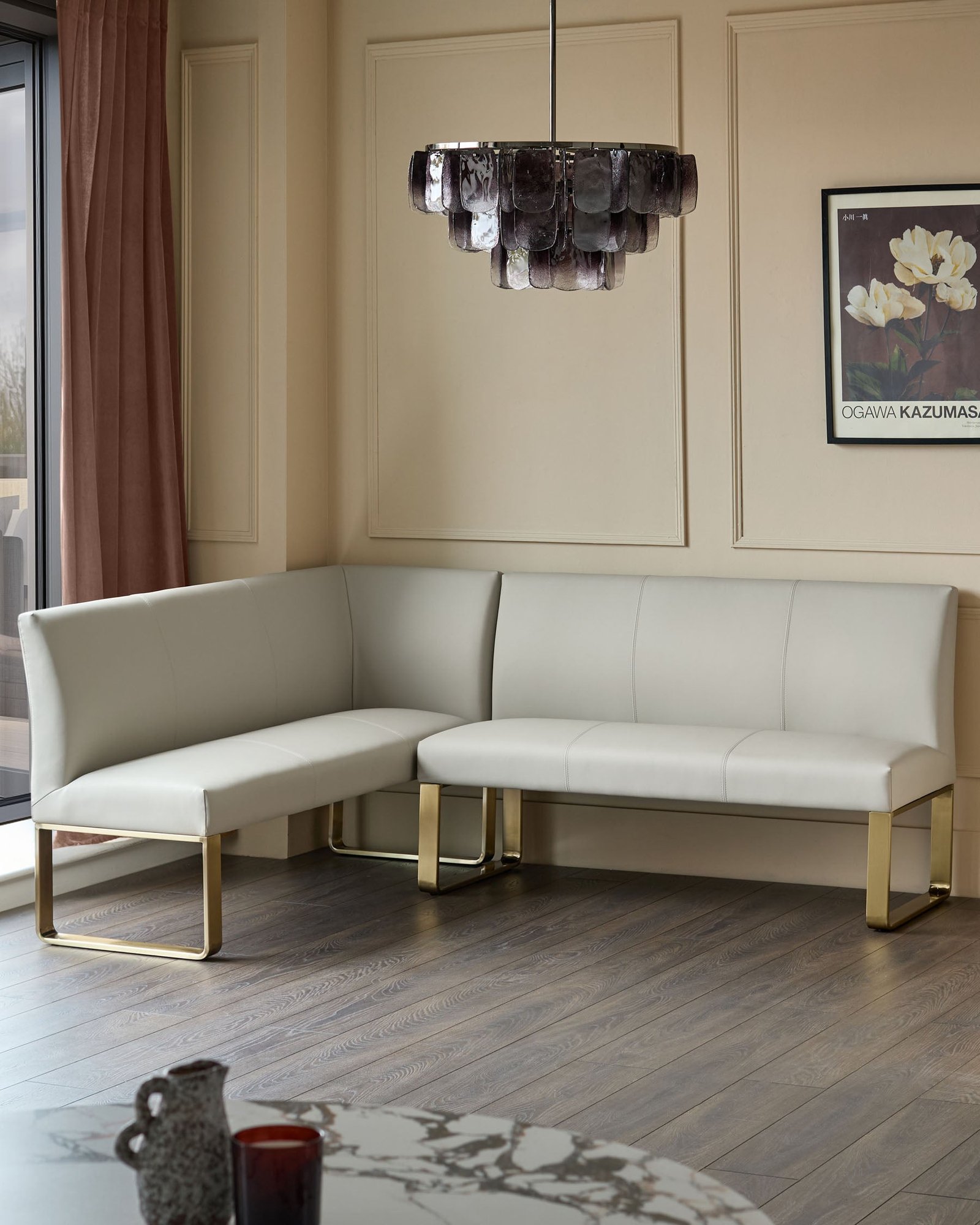 Dusk Loop light grey faux leather right hand corner 5 seater brushed brass leg dining bench Back