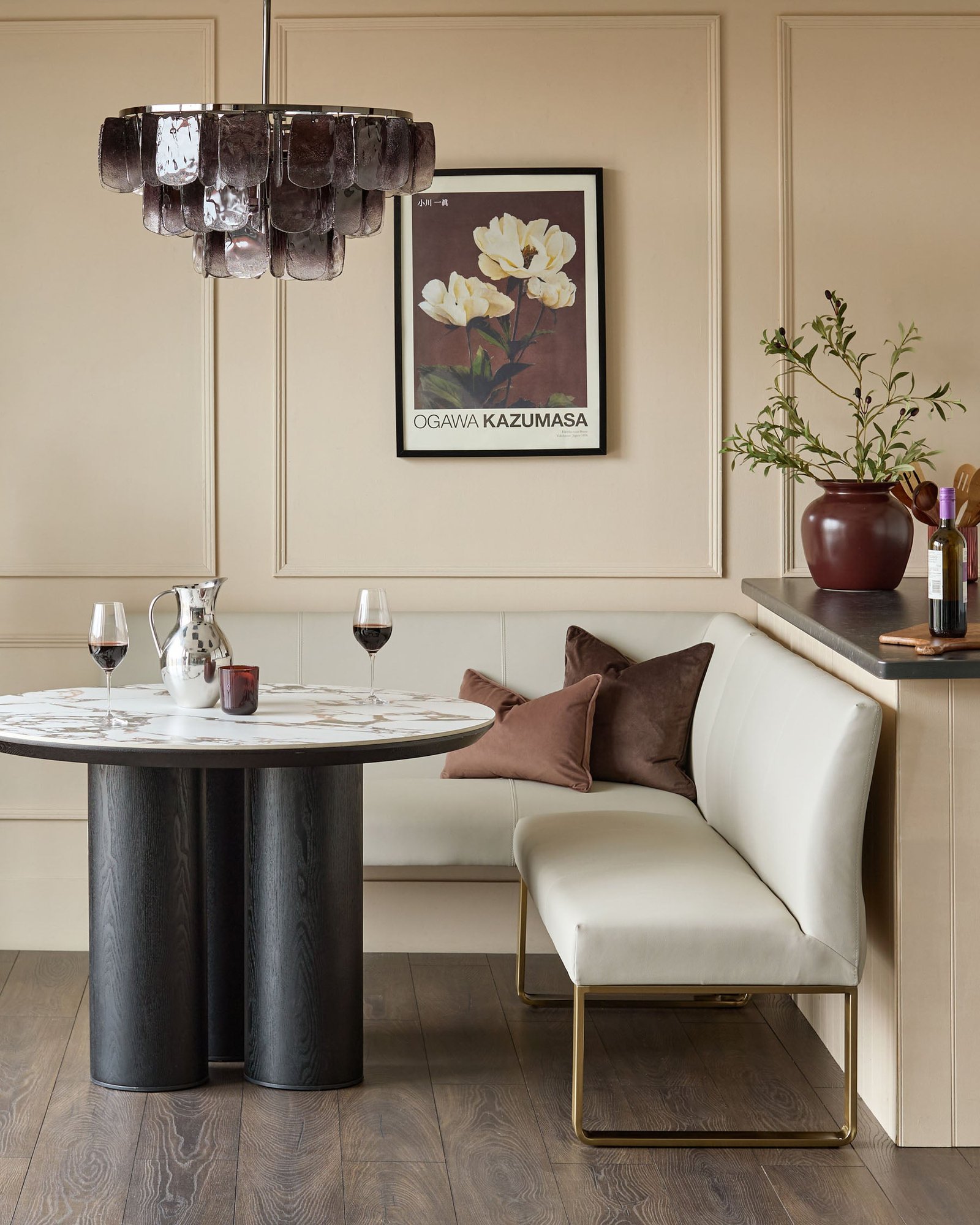 Dusk Loop light grey faux leather right hand corner 5 seater brushed brass leg dining bench Front