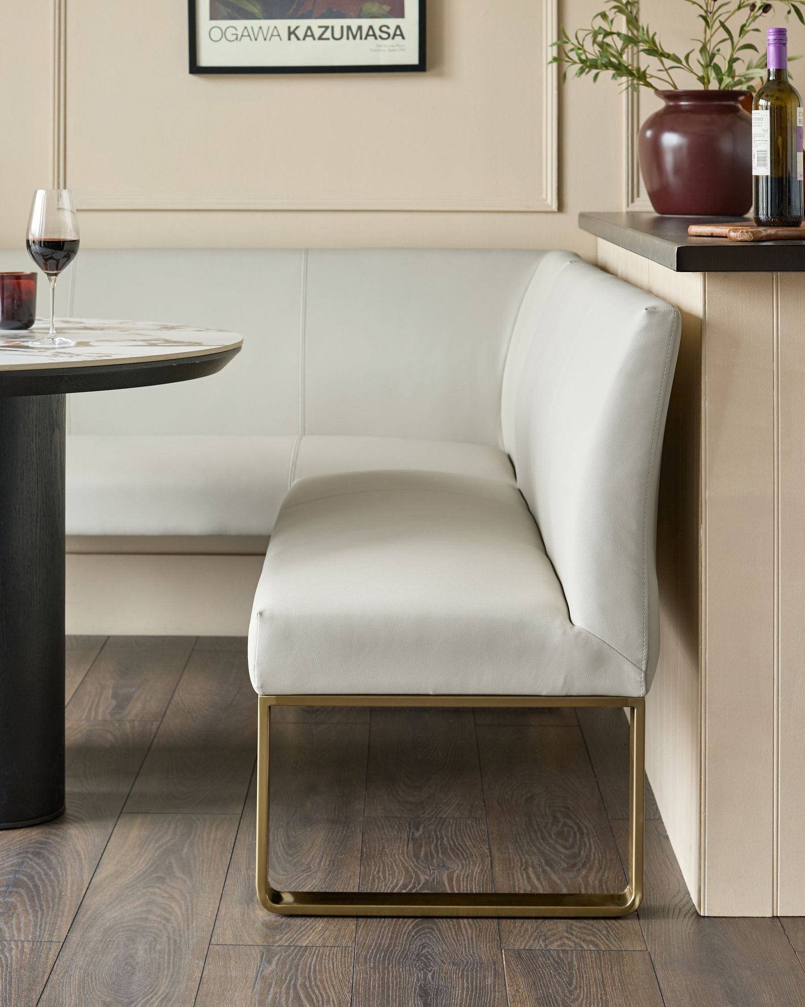 Dusk Loop light grey faux leather right hand corner 5 seater brushed brass leg dining bench Side