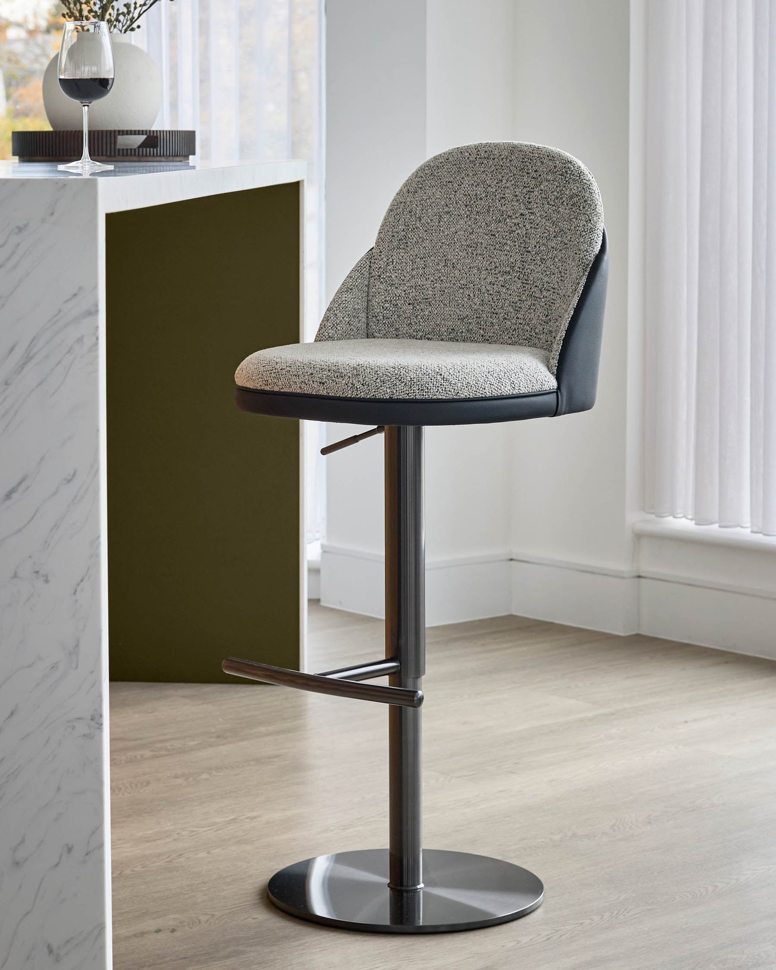 Dusk Myra grey fabric and black faux leather gas lift bar stool Front