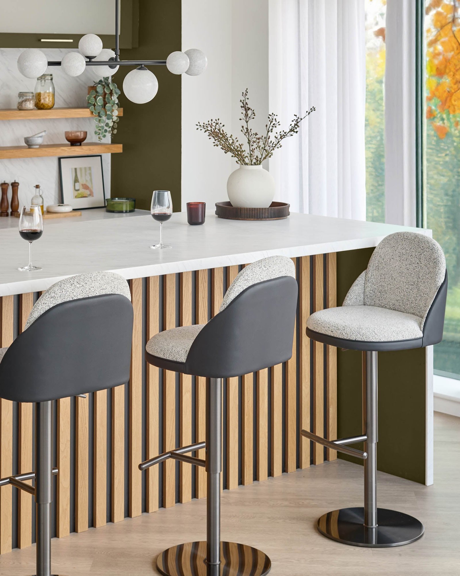 Dusk Myra grey fabric and black faux leather gas lift bar stool Side