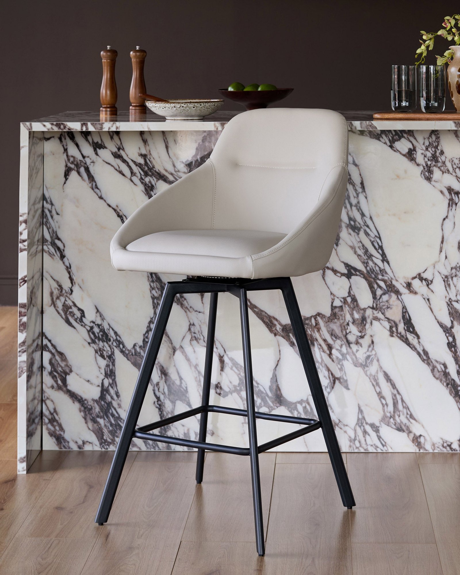 Dusk Scotland Cleo light grey faux leather swivel bar stool Front