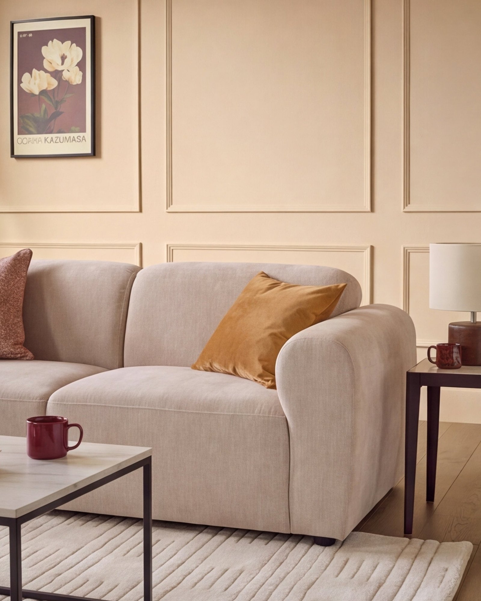 Dusk Scotland Penny champagne fabric 3 seater sofa Side
