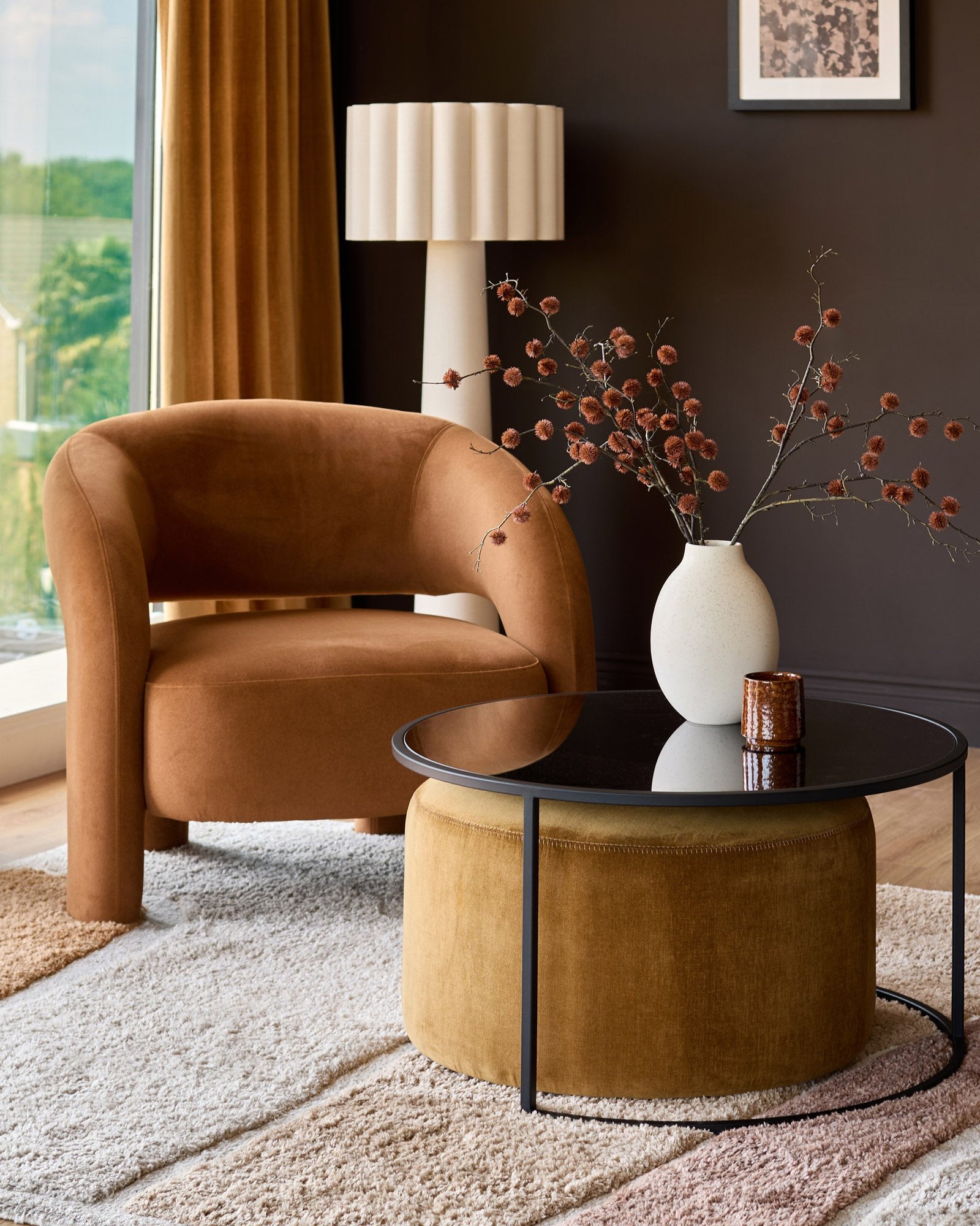 Dusk Scotland Thea smoked mirror coffee table and ochre fabric pouffe set Back