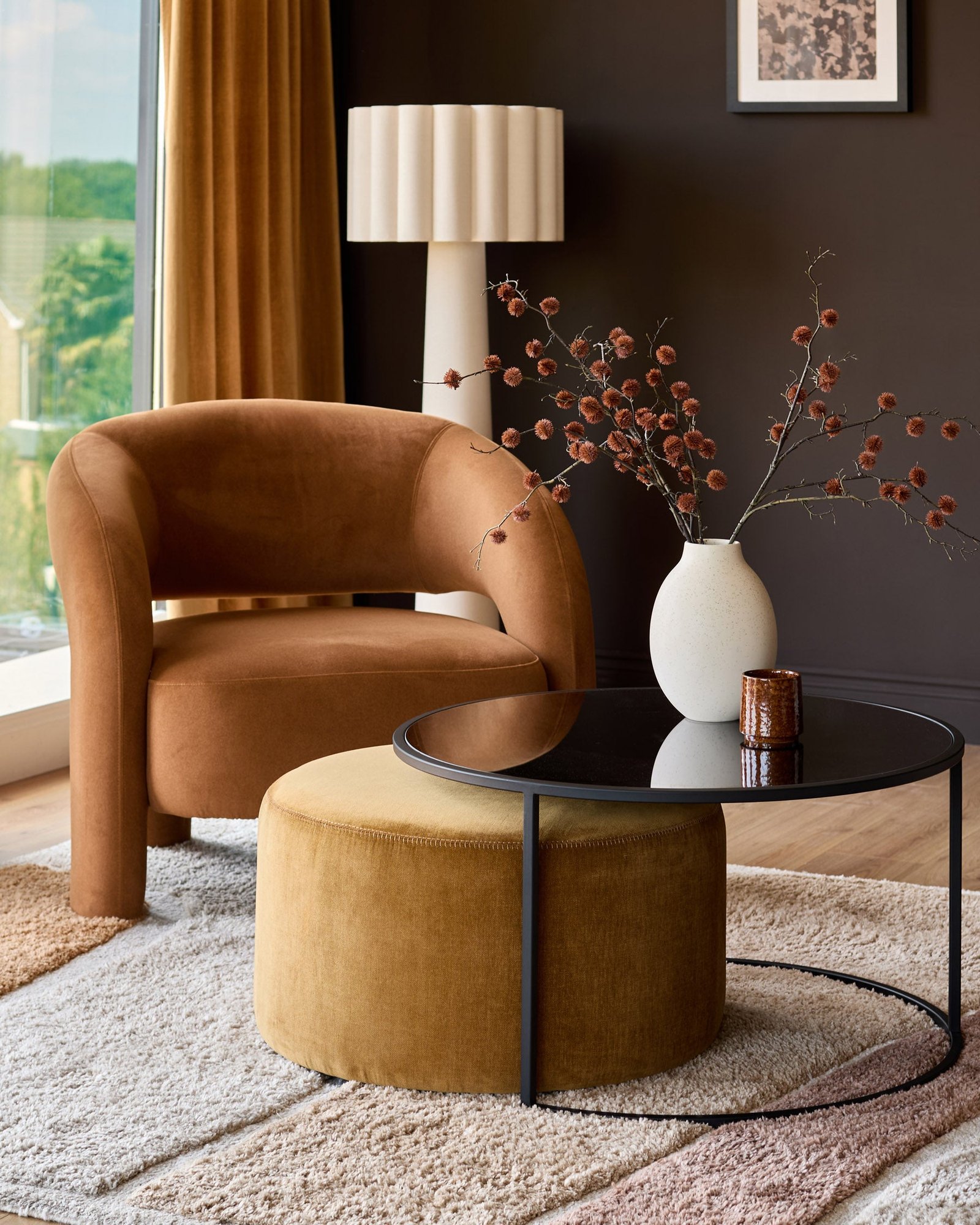 Dusk Scotland Thea smoked mirror coffee table and ochre fabric pouffe set Front