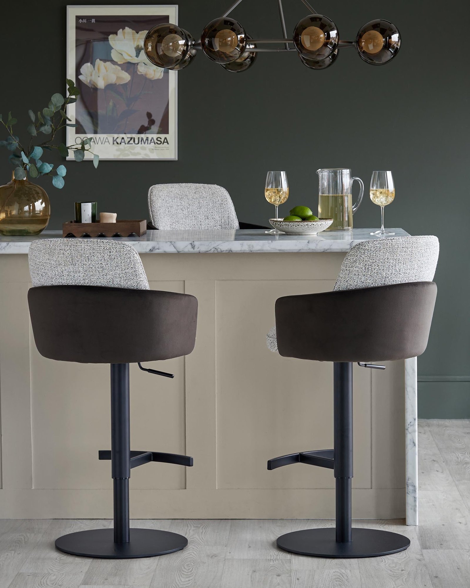 Dusk Scotland Wren grey fabric and dark chocolate velvet gas lift bar stool Back