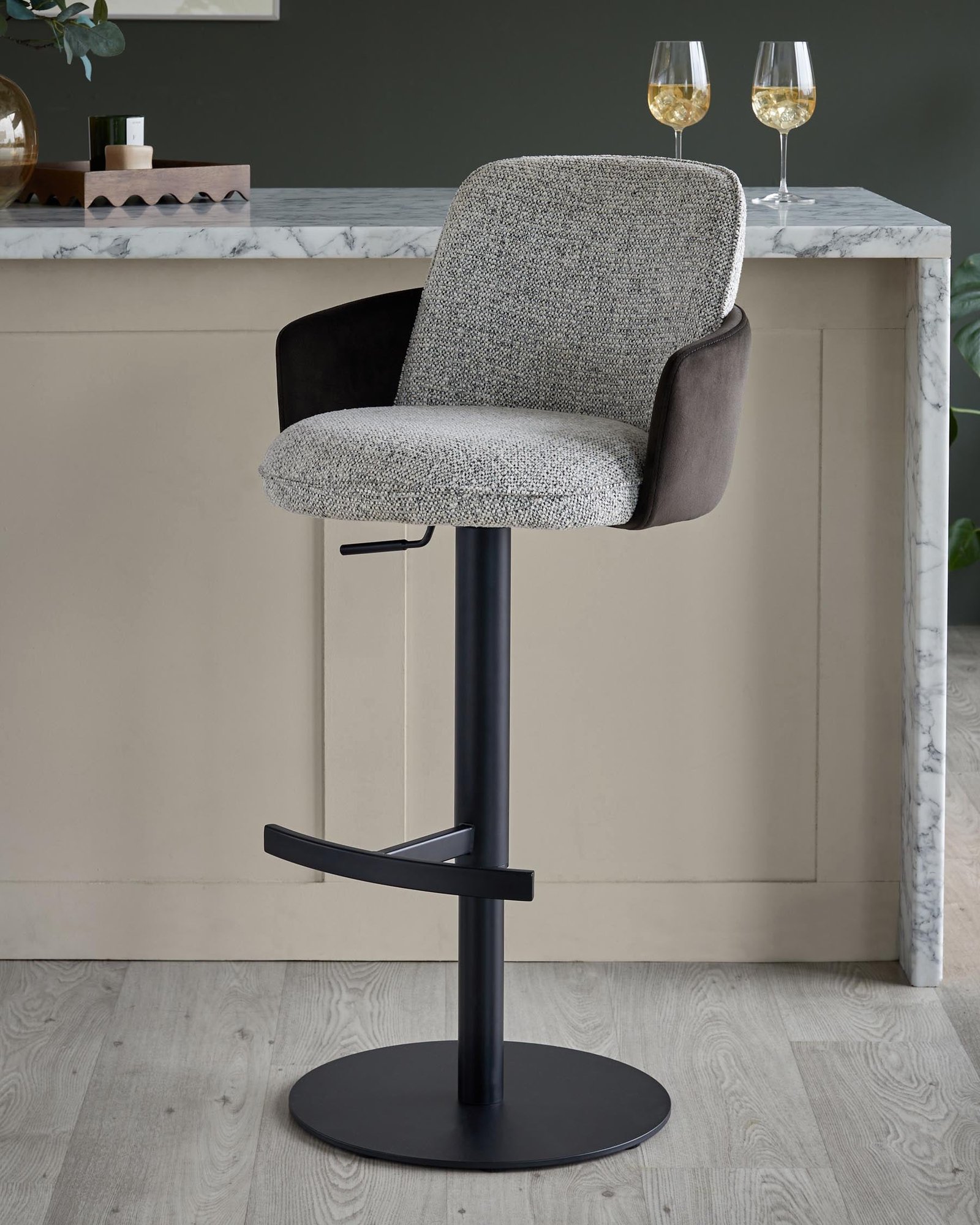 Dusk Scotland Wren grey fabric and dark chocolate velvet gas lift bar stool Front