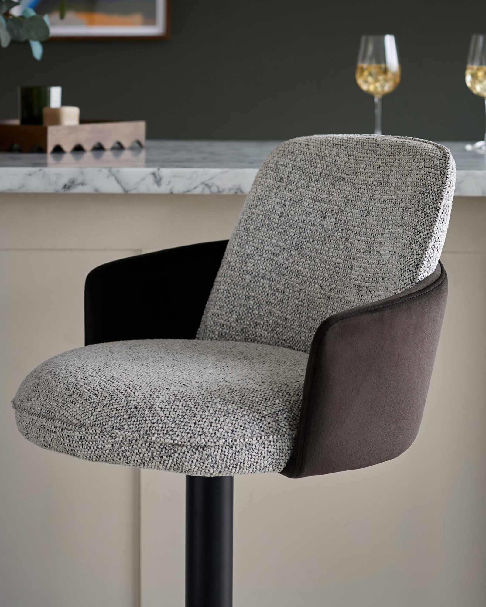 Dusk Scotland Wren grey fabric and dark chocolate velvet gas lift bar stool Side