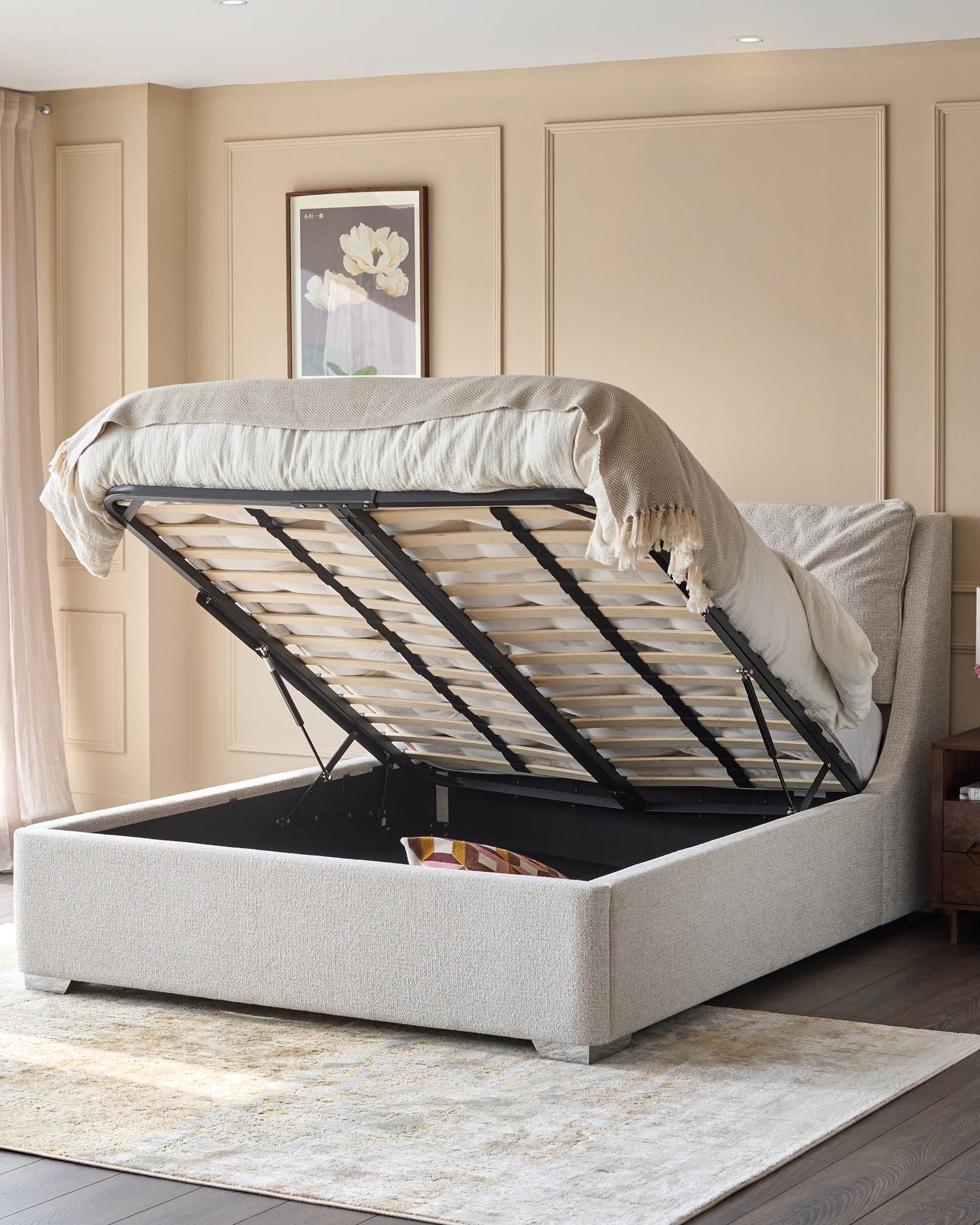 Dusk Siesta natural fabric double ottoman storage bed Side