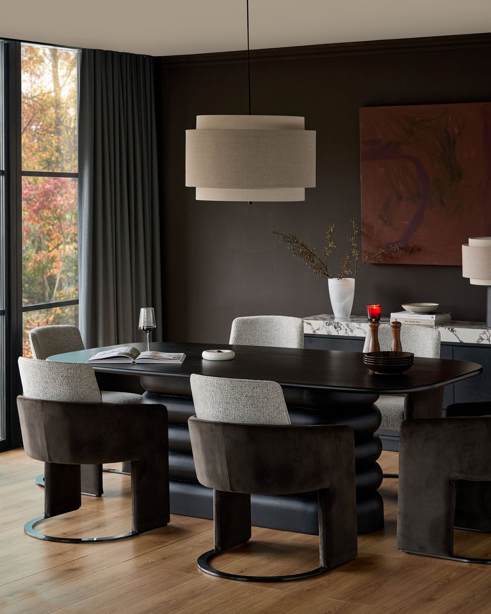 Dusk Wren grey fabric and dark chocolate velvet black steel cantilever dining chair Back