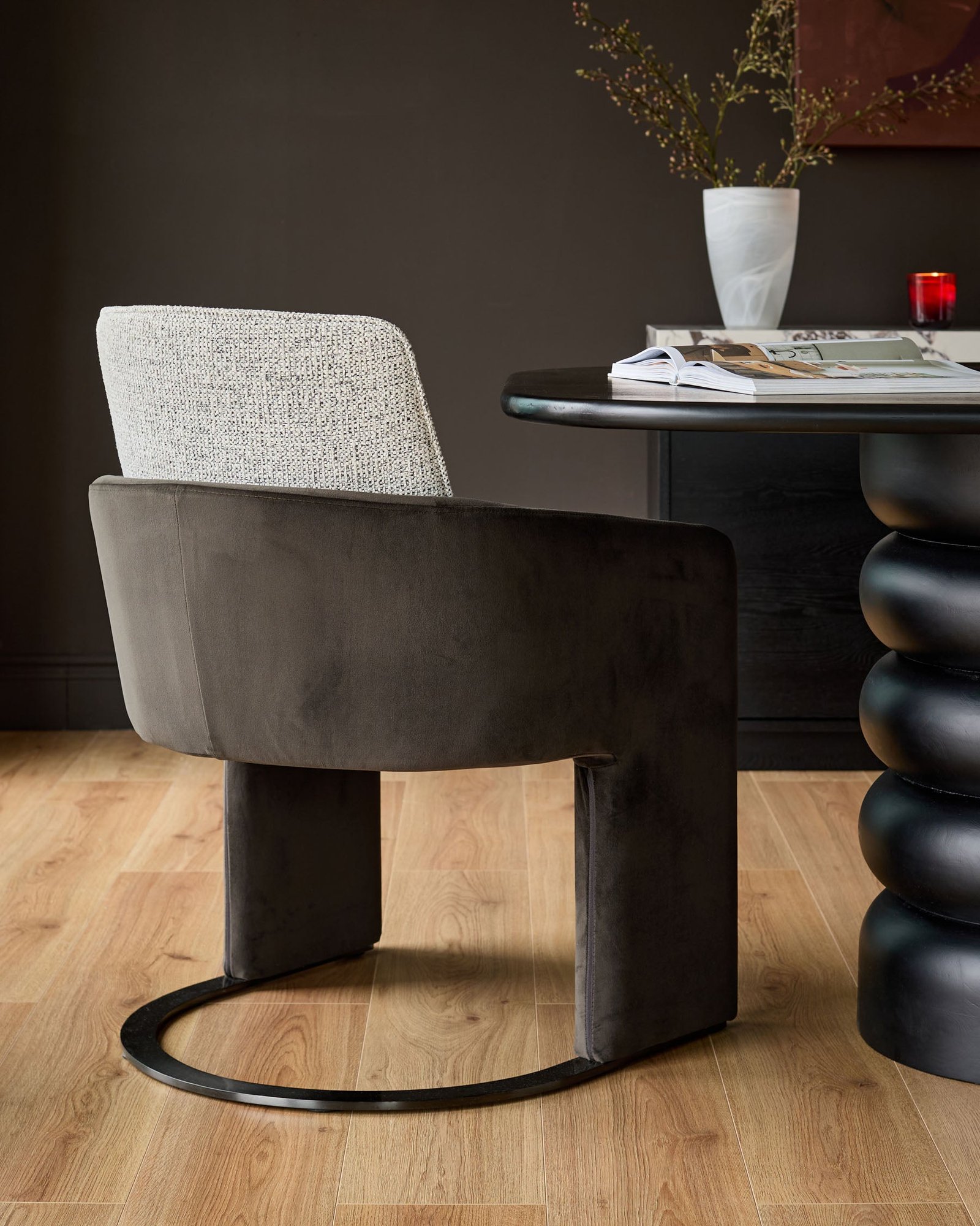 Dusk Wren grey fabric and dark chocolate velvet black steel cantilever dining chair Side