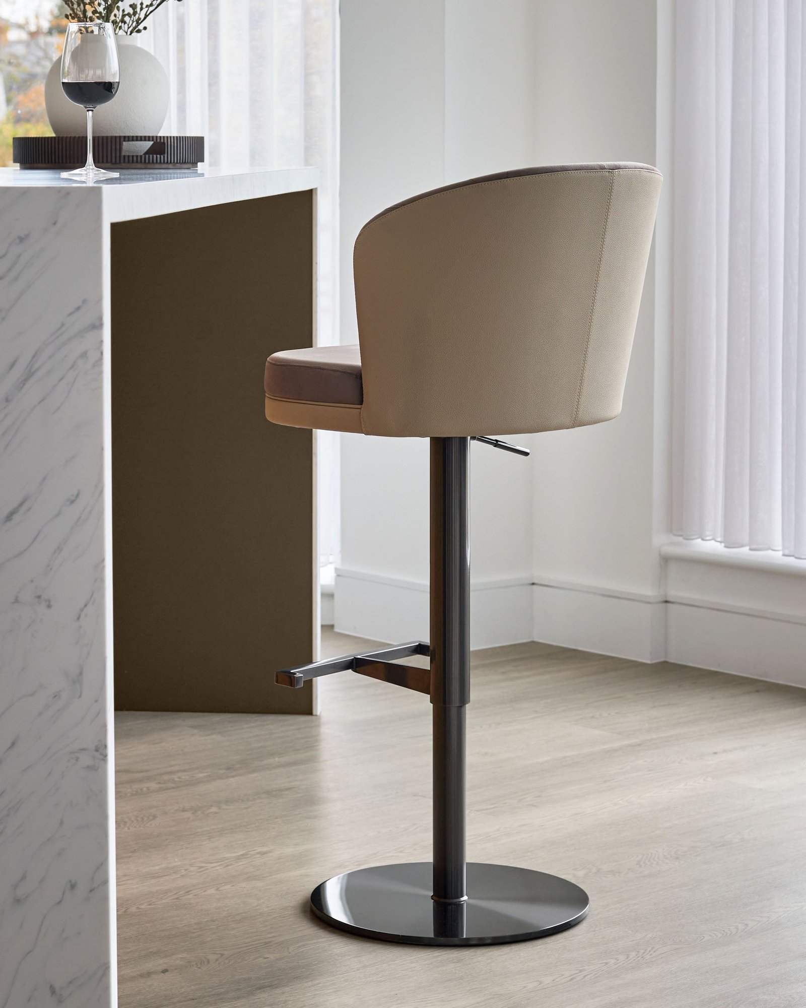 Elodie natural faux leather and Dusk England mocha velvet gas lift bar stool Back