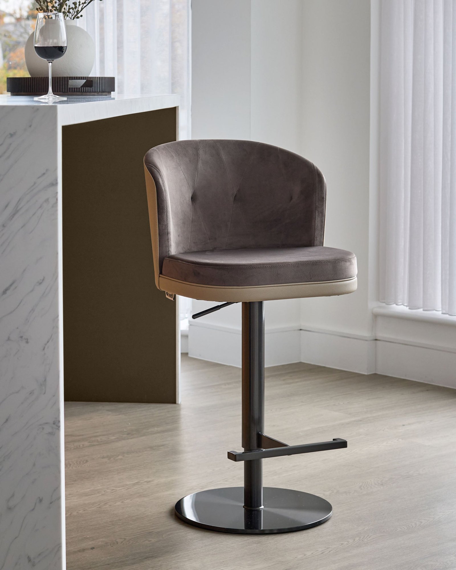Elodie natural faux leather and Dusk England mocha velvet gas lift bar stool Side