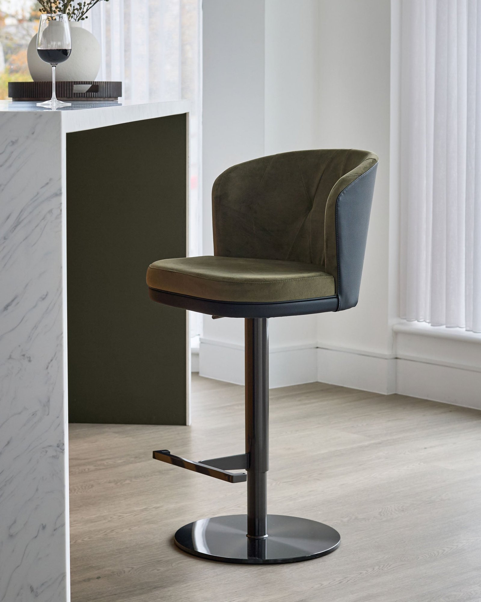 Elodie olive green velvet and black faux leather gas lift bar stool – Dusk Back