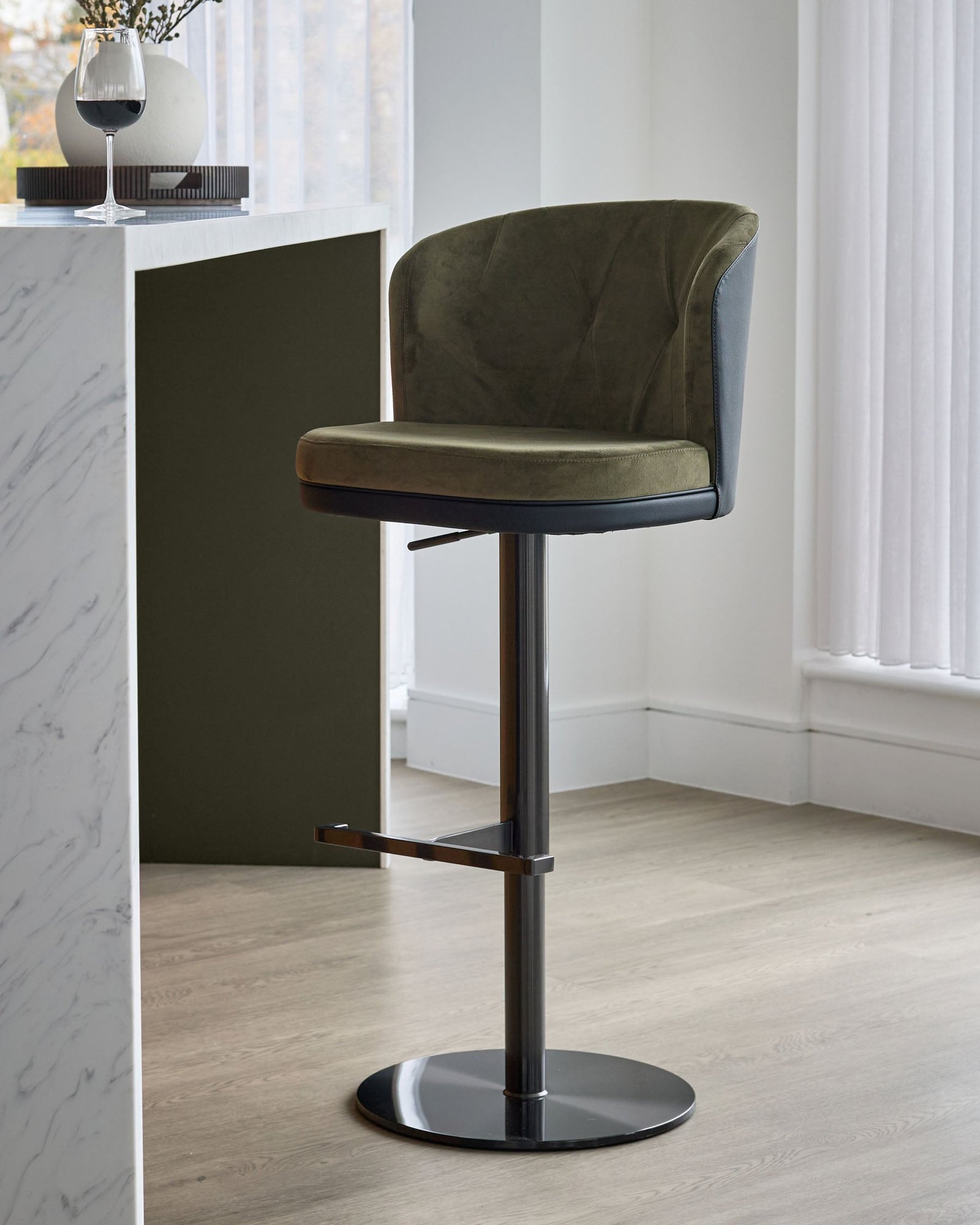Elodie olive green velvet and black faux leather gas lift bar stool – Dusk Front