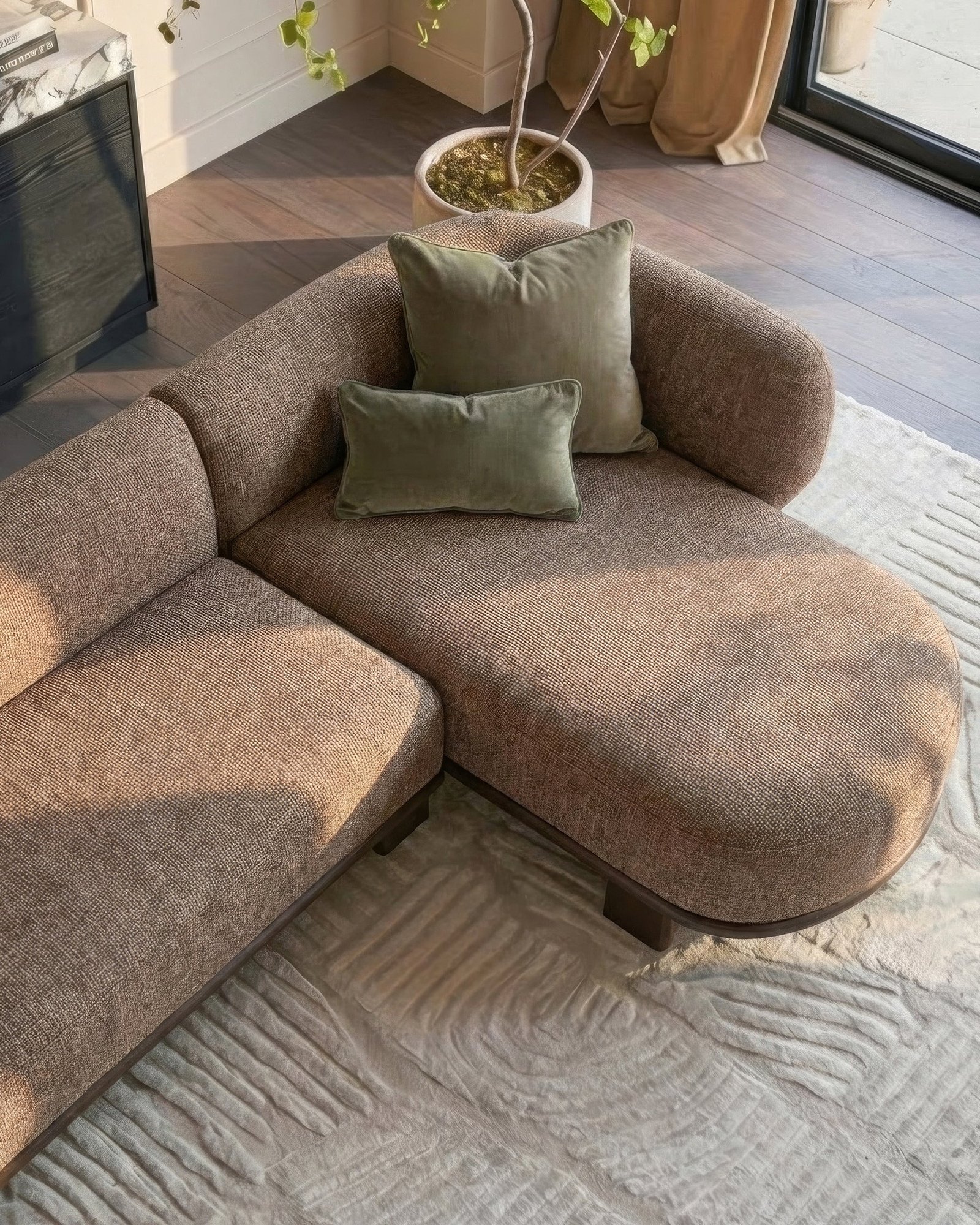 Florence mocha fabric with dark Dusk England wood right hand facing chaise sofa Back