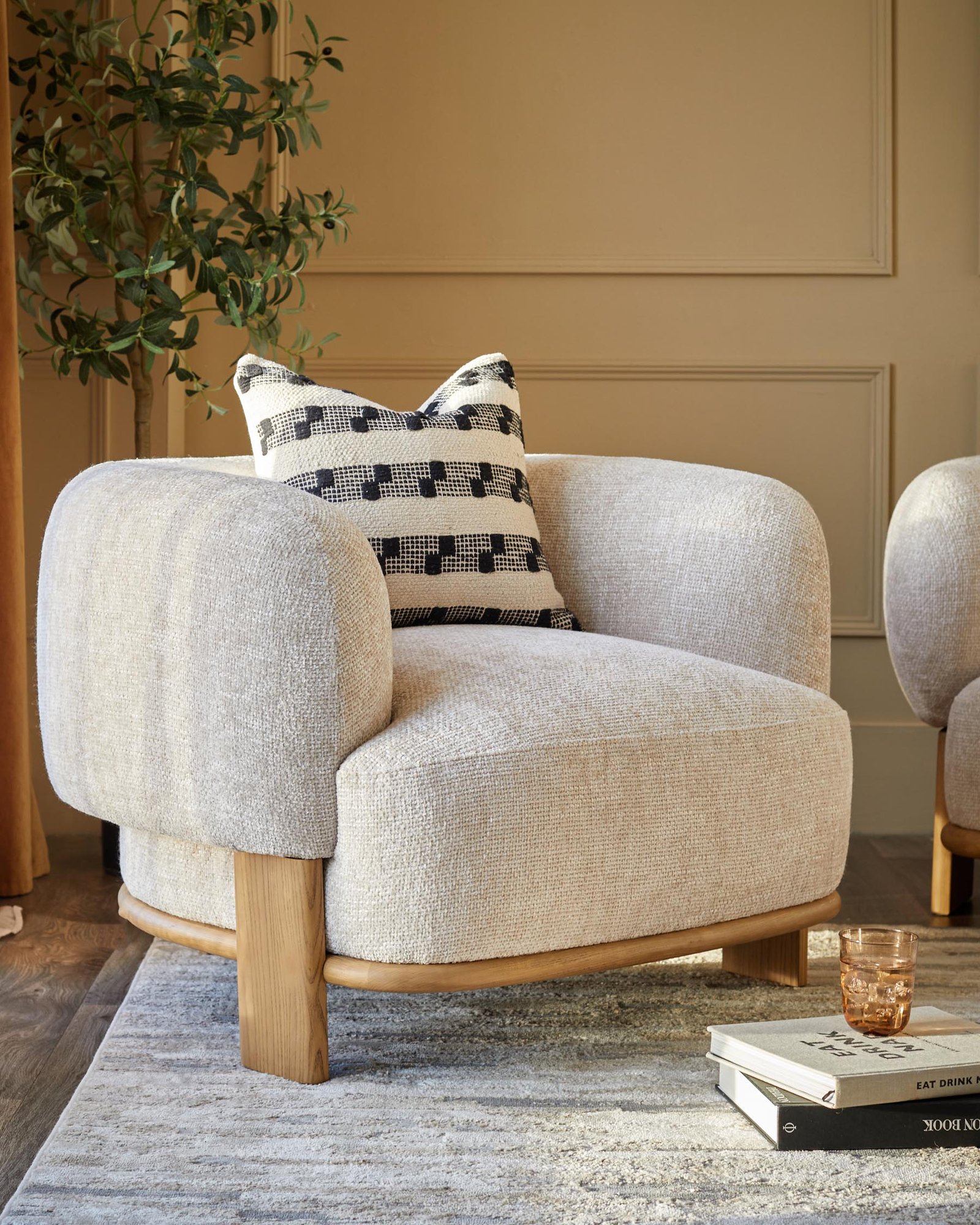 Florence natural fabric with light wood armchair – Dusk England Front
