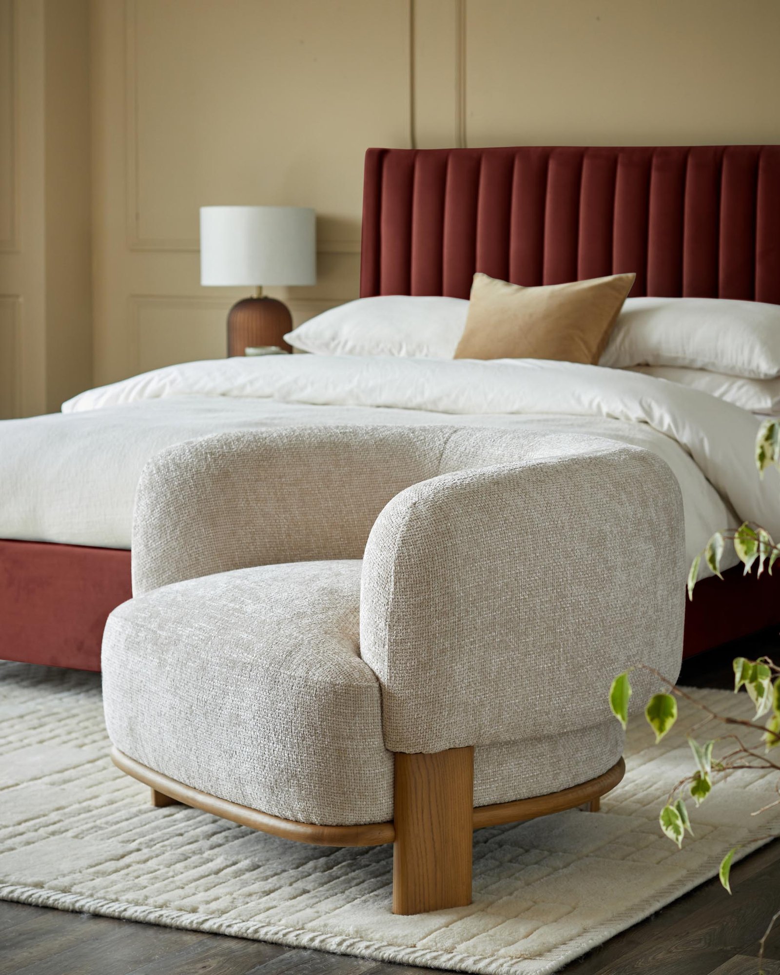 Florence natural fabric with light wood armchair – Dusk England Side